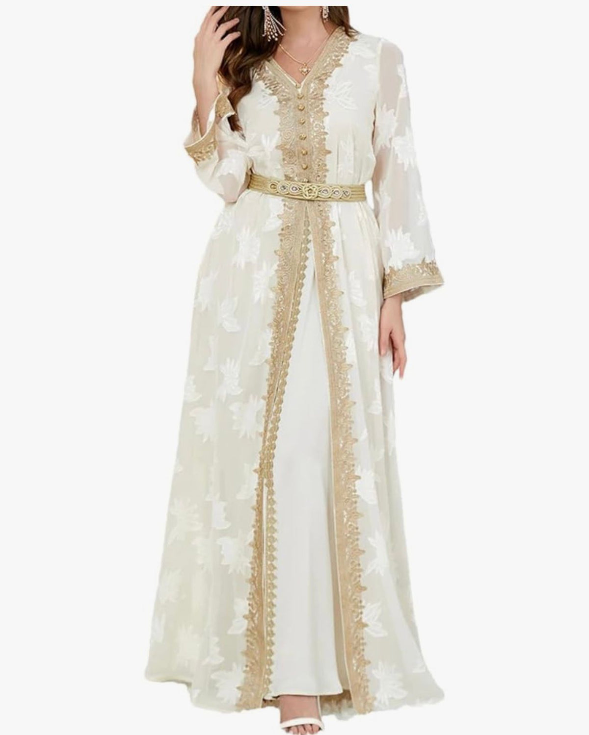 LATIFA - Luxury Moroccan Kaftan Women Embroidery Chiffon Outer Abaya Belted 2-Pieces Dresses Arab Evening Wedding Dresses