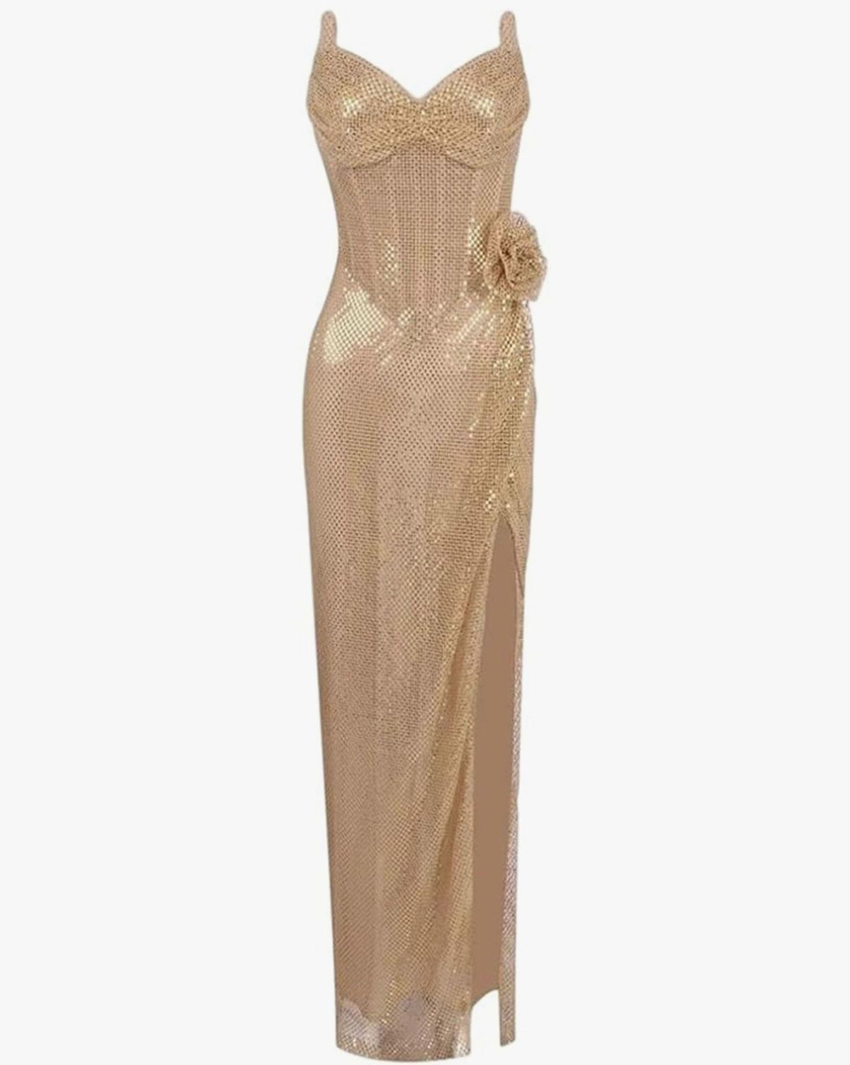 Gold Pleated Sequined Fishnet Flower Strapless Split Evening Party Maxi Dress