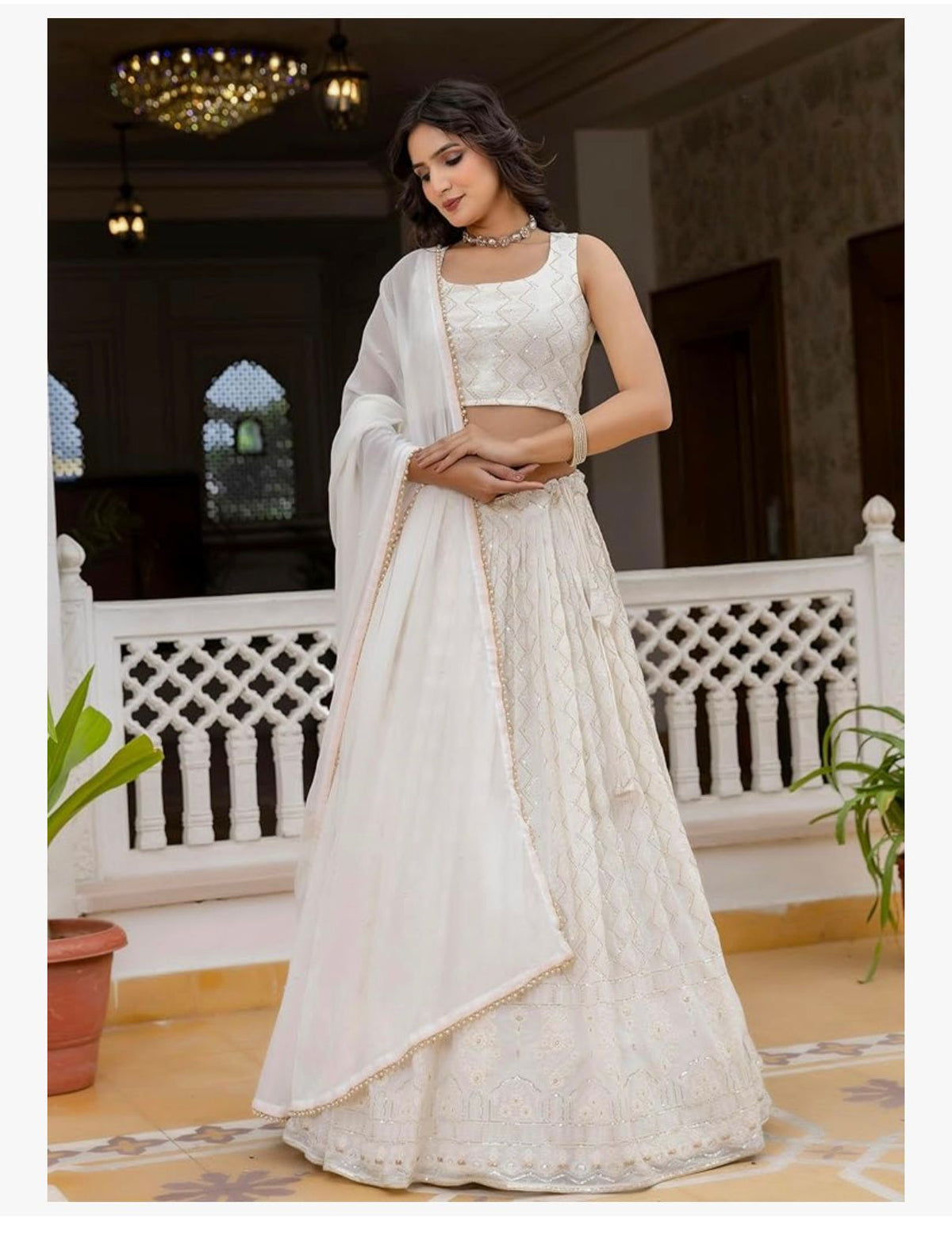 TRENDMALLS Women 's White Georgette Embroidery Sequence Work Lehenga Choli Set with Dupatta For Women