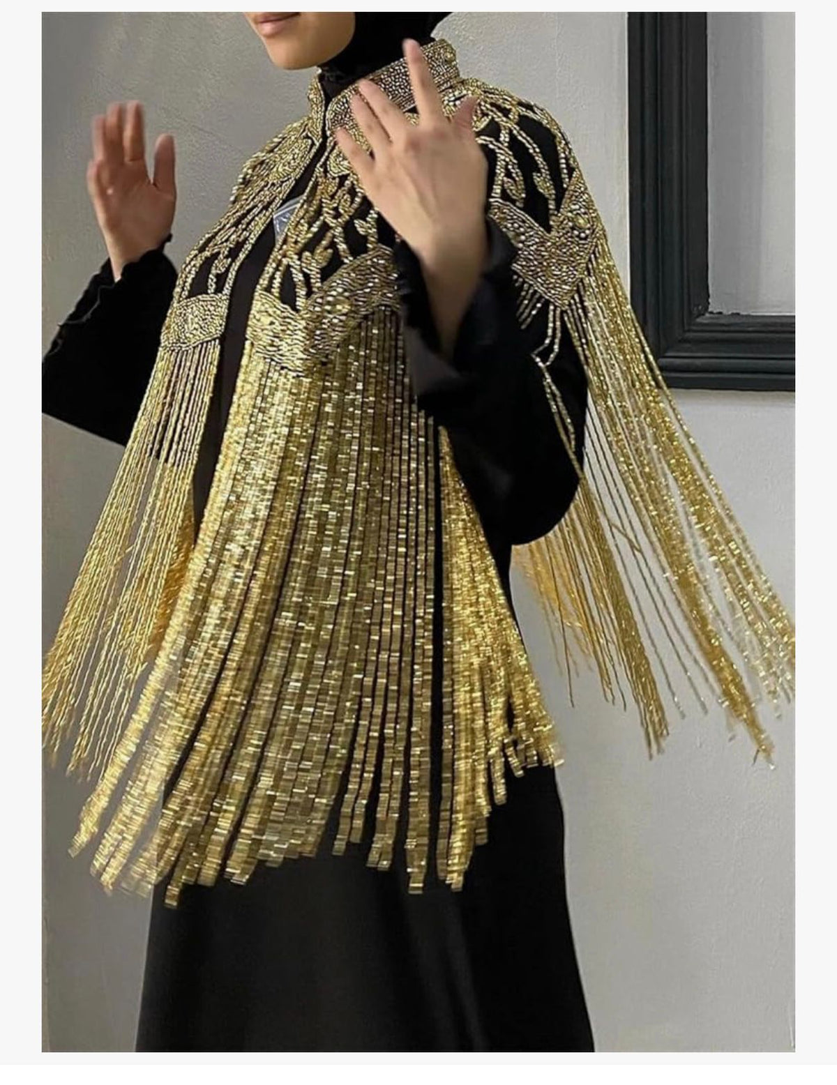 Maharani Dunes - Patchwork Tassel Fringed Cloak Coats Stand Collar Spliced Rhinestones Jacket