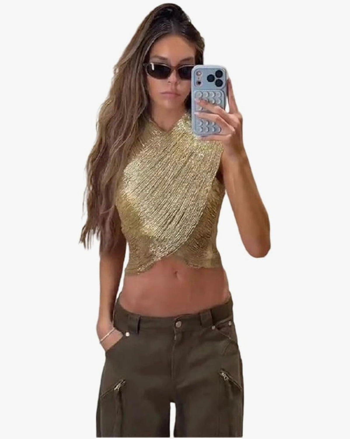 L'Or du Désert - Womens Gold Metallic Cross High Neck Ruched Glitter Crop Top