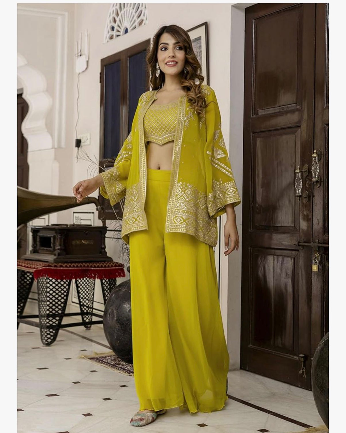 Ra - The Sun God Women's Georgette Embroidery Work Crop Top with Flared Palazzo and Shrug Set