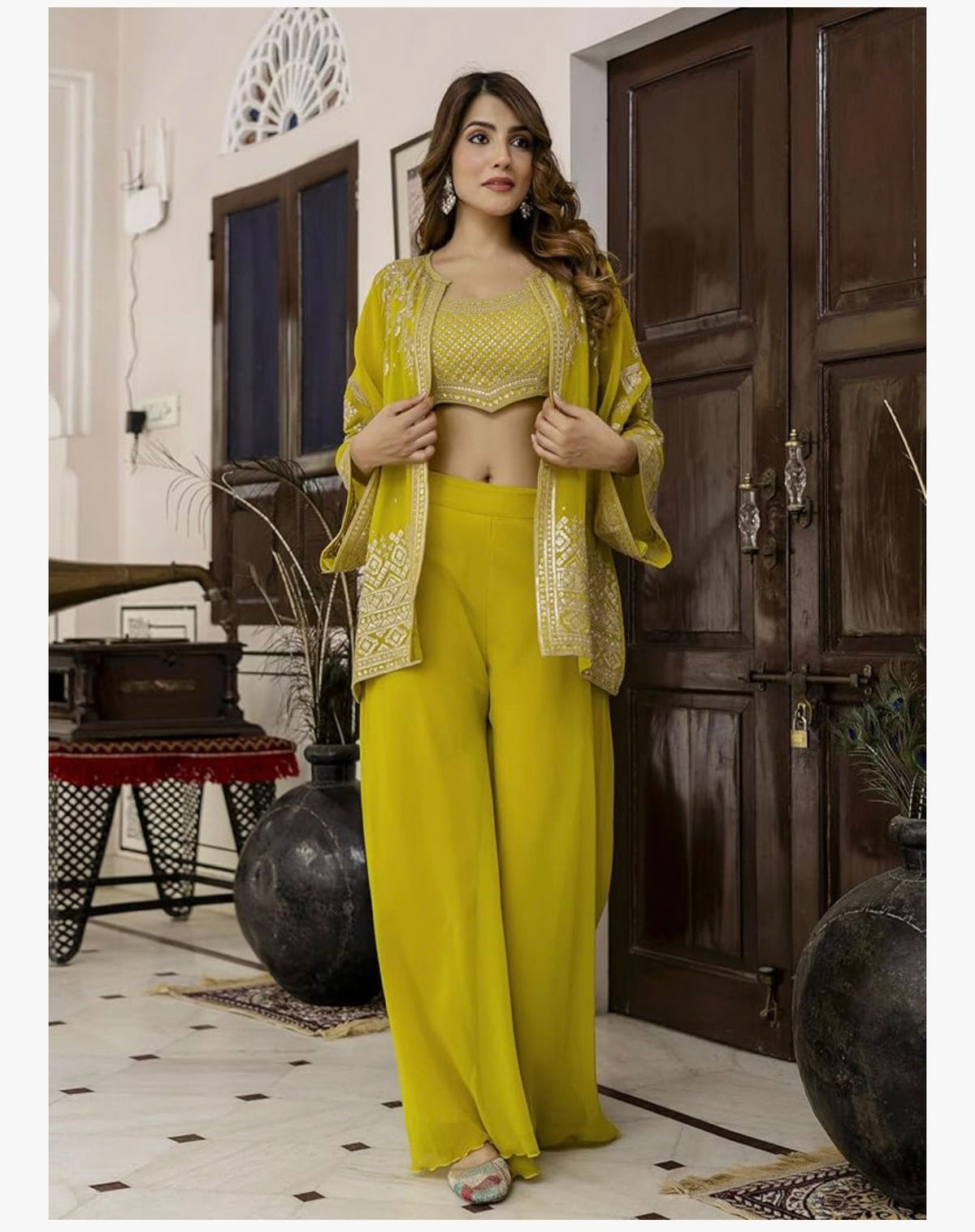 Ra - The Sun God Women's Georgette Embroidery Work Crop Top with Flared Palazzo and Shrug Set