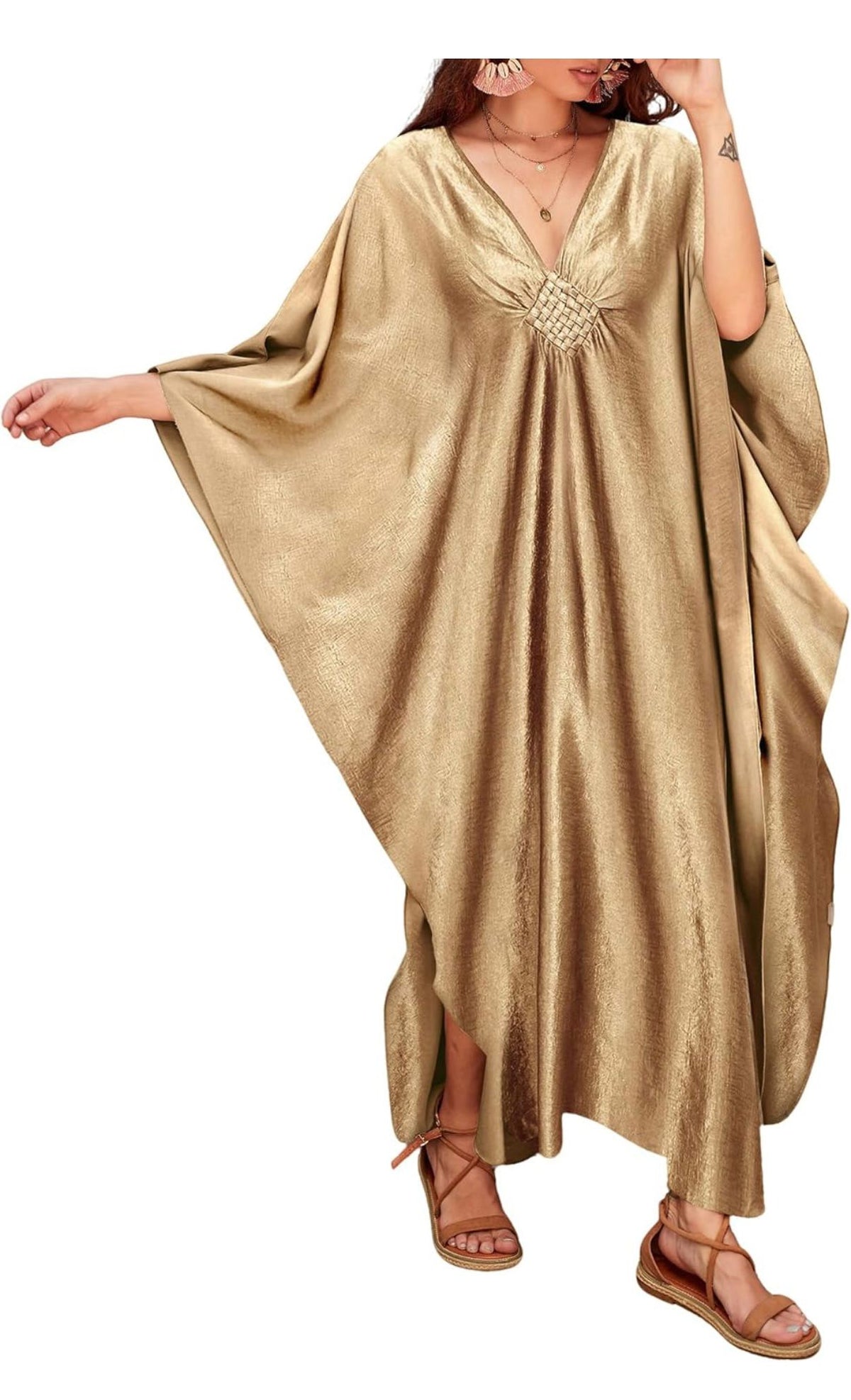 ZAHRA AL-RAML - Luxury Women Solid Colour Cover Up V Neck Batwing Sleeve Plus Size Beach Kaftan Dresses