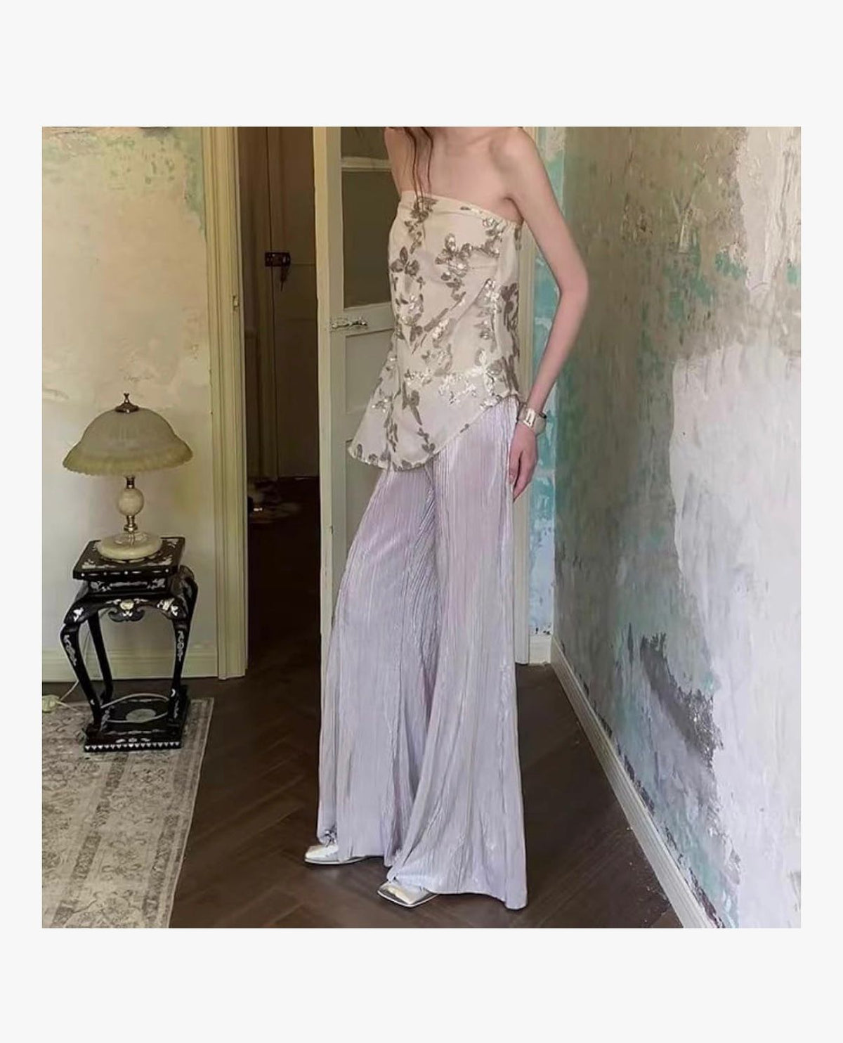 DUA AL SAHRA - Women's Exquisite Sequin Design Sleeveless Top Striped Flowing Trousers 2 Piece Sets
