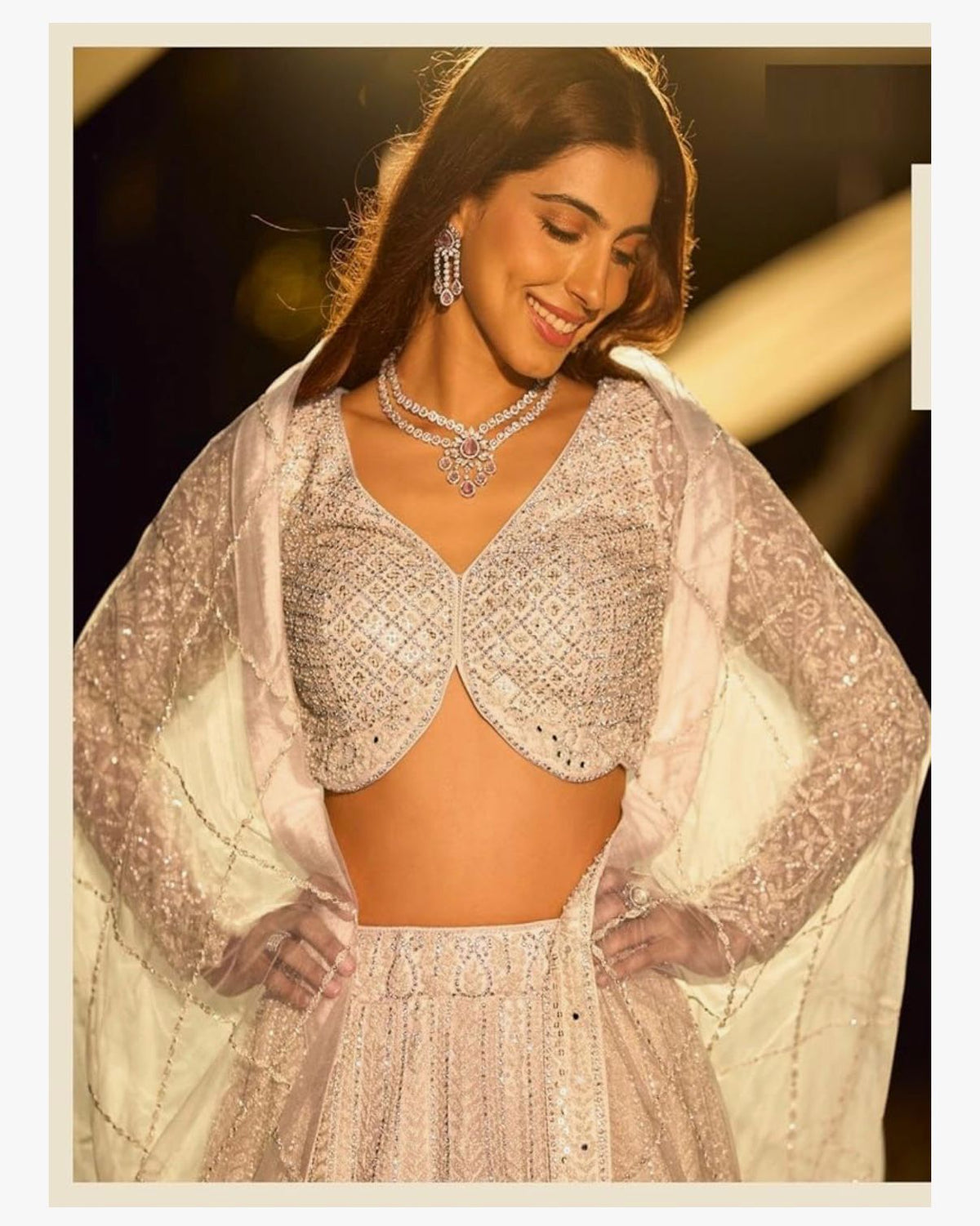 ARIA - Indian Pure Net Fabric Mirroe Hand Diamond Work Reception Wear Lehenga 18886