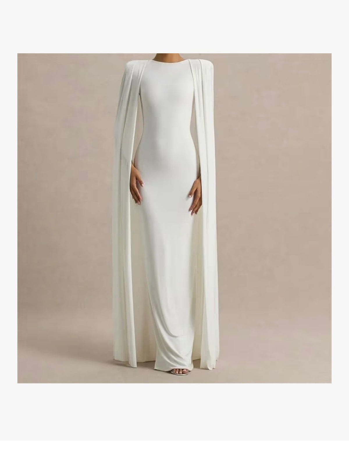 NOA - Women Solid Colour Cape Sleeve Long Maxi Dress Gown Crewneck High Waist Split Party Dresses