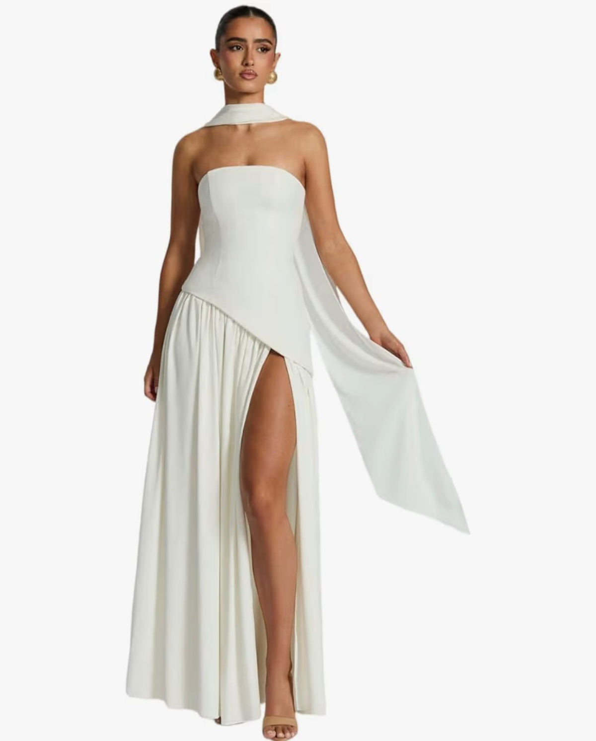 YALI - Satin Bridesmaid Dresses for Wedding Strapless with Scarf Long Formal